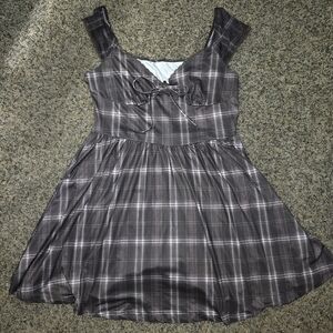 Gray Plaid Fit & Flare Dress – Sleeveless, Bow Front, Size L
